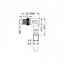 Cable Assembly, A Code - M8 3pins A code male right angle molded cable, unshielded, PVC, -10°C~+80°C, 24AWG 0.25mm²